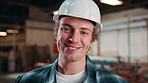 Laugh, carpenter and helmet with face of man in workshop for woodwork, manufacturing or joinery. Furniture factory, safety gear and craftsmanship with person in warehouse for joke, timber or about us