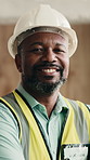 Construction, face and hardhat with black man on worksite for architecture or engineering. Building, helmet and project management with smile of mature person for maintenance or property development