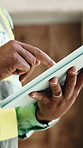 Hands, engineer and reading at site with tablet, research and inspection report for construction. Person, contractor and typing with digital, online checklist and information for building development