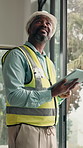 Construction, tablet and thinking with black man on worksite for architecture or engineering. App, planning and project management with smile of mature person for building or property development