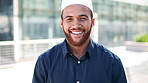 Face, business or Muslim man with smile in city, professional or confidence for investing opportunity. Portrait, investor or Islamic person with pride for asset management, financial career or urban