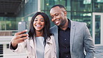 Happy, city and black couple with selfie for business picture, photography or rendezvous. Man, woman or capture moment with smile, hug or love for outdoor reunion or social media post in urban town