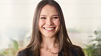 Realtor, face and woman in agency with smile, career or ambition for property management. Happy, portrait or real estate agent in office with pride, about us or confidence for housing industry seller