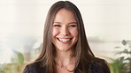Realtor, face and woman in agency with laugh, career or ambition for property management. Happy, portrait or real estate agent in office with pride, about us or confidence for housing industry seller