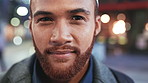 Face, business and man in city for travel, career pride or about us for journalism. Portrait, bokeh and male person in town with confidence, news reporter and morning commute for media publication