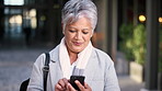 Woman, reading and phone in city for business, scroll or social media browse with agenda. Outdoor, mobile app and mature person with tech for communication, networking and contact for schedule