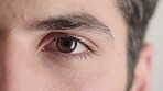 Optometry, face and eyes with examination, closeup or glaucoma screening in vision care. Portrait, retina and person with optical function, eyesight assessment or visual tracking for ocular wellness.