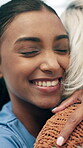 Hug, caregiver and senior woman in nursing home for support, comfort and kindness for elderly care. Embrace, nurse and old person with smile in assisted living facility, bonding and empathy for trust