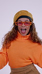 Dancing, sunglasses and woman in studio with energy, groove and movement with musical fun. Happy, confidence and female person with eyewear, funky performance and playful rhythm on white background.
