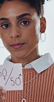 Face, woman and paper in office with equal pay, empowerment and protest salary numbers for balance. Serious, female person and sign at work with equity, feminism and symbol for fair income movement.