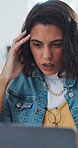 Confused, laptop and businesswoman in office with stress for creative project with negative feedback. Burnout, computer and female magazine editor with headache for bad review on publishing at agency