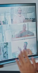 Video call, office and business people wave with computer screen, webinar and virtual meeting. Team, tech and workers in conversation, discussion and web conference for planning, talking and contact