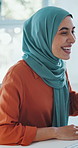 Video call, business and Muslim woman in office for conversation, discussion and virtual meeting. Happy, wave and person online for webinar, contact and talking for project collaboration or feedback