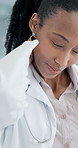 Medical, doctor and stress with neck pain in clinic for job strain, healthcare pressure and massage. Health professional, black woman and muscle tension from burnout, overworked and hospital workload