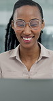 Funny, laptop and typing with business woman in office for planning, research or review. Computer, glasses and laughing with happy employee in workplace for agenda, email feedback or schedule