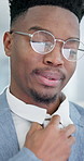 Stress, laptop or businessman adjust tie for work pressure, accounting deadline or burnout. Computer, corporate or black person in workplace, difficult project or bookkeeping mistake with audit error