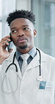 Doctor, phone call and man in hospital, telehealth and communication with patient or medical advice. Happy, healthcare professional and black person with mobile, talking and consultation in clinic