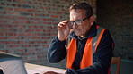 Glasses, reading or man with laptop at construction site, typing email or property development report. Serious, mature or contractor with pc for renovation planning, specs or review project schedule
