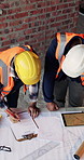 Construction, blueprint and men with site checklist for building regulations, inspection or above. Tablet screen, writing or workers with clipboard for project timeline, compliance notes and progress
