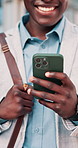 Happy, phone and black man in city with texting, networking or chatting on mobile app for legal case. Smile, technology and male attorney with cellphone for email with law research in urban town.