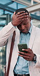Travel, businessman and stress with phone outdoor for market crash, margin fall and financial loss. Commute, black person and panic with trading app for price movement, breaking news alert and worry