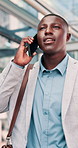 Phone call, business and black man in city for travel, walking or salesman and morning for work trip. Professional person, tech and commute with conversation, chat and negotiation or deal on street