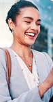 Business, city and happy woman with tablet for network, communication or planning schedule. Female person, employee or smile with technology for information, social media or connection in urban town