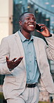 Phone call, excited and black man in city for business, travel or walking with morning for work trip. Professional person, tech and good news with opportunity, chat and commute or schedule interview