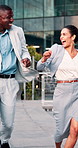 Happy, dancing and business people in city for winning, energy or outdoor celebration. Excited, businessman or woman with smile, high five or vibe for team achievement, success or good news in town