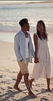 Walking, laughing and couple holding hands on beach, holiday adventure and funny conversation for trip. Support, bonding and black people with joke for connection, travel vacation and happy by sea