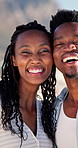 Face, beach and smile with black couple for love, romance and honeymoon celebration or travel. Portrait, embrace and man with woman for happiness, marriage and seaside with relationship and hug
