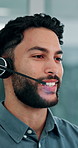 Business, man and talking at call center with headset, consultation or advice for customer service. Smile, male person and consultant in office with mic, crm assistance and telecom for client inquiry
