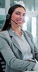 Face, business and woman at call center with headset, consultation and advice for customer service. Portrait, female person and agent in office with mic, crm assistance and telecom for client inquiry