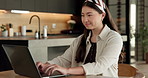Student, woman and typing in home with laptop, creative essay and online education for university. Asian person, smile and study english in house with computer, elearning or college research project.