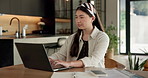 Student, typing and Asian woman in home with laptop, creative essay or online education for college. Person, reading and study english in house with computer, elearning or university research project