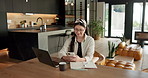 Student, typing and Asian woman in home with phone, laptop and social media for online university break. Person, smile and study with distance learning college, education and tech for text message.