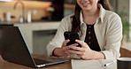 Cellphone, laptop and hands of businesswoman in home with remote work for email on finance report. Computer, freelancer and female financial advisor with app on phone for investment approval in house