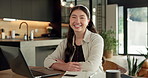 Happy, face and asian woman with laptop in home for remote work, financial planning or accounting. Portrait, female person or freelance accountant with smile on computer for budget report in house