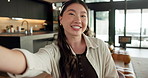 Happy, vlogging and face of woman in home with subscribers interaction on social media with app. Smile, talking and portrait of Asian female influencer with live streaming or recording video in house