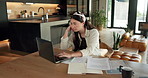 Bored, student or Asian woman with laptop in home, digital literature or exam preparation for course. Reading, tired or person with pc for research project, college assignment or fatigue for learning