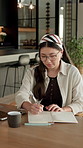 Laptop, writing or Asian woman with notebook for remote work, plot development or research for story. Planning, computer or freelance author with creativity for novel chapter, character notes or home