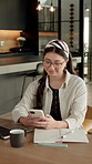 Freelancer, texting and woman with phone in home, laughing and communication for publishing process. Happy, writer and Asian person with mobile for chat, remote work and reading message on website