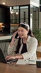 Woman, laptop and phone call for remote work in home for event planning, vendor feedback or schedule. Asian person, happy freelancer and talking with mobile, computer or typing for venue budget