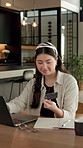 Typing, credit card and Asian woman with laptop in house, banking app and payment for utility bills. Smile, ecommerce and person with pc for digital transaction, invoice settlement and online order