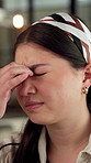 Eye strain, glasses or Asian woman in office with headache, tired or frustration in prescription error. Screen fatigue, stress or employee with tension, migraine or vision issue in incorrect eyewear.