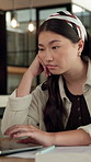 Bored, student and woman in house with laptop, elearning and fatigue from studying for college exam. Tired, Asian person and online education in home with computer, university assignment and burnout.