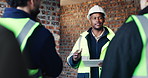 Building, meeting and tablet with people on construction site for planning, strategy or update. App, conversation and project management with supervisor speaking to team for property development