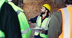 Building, explain and tablet with people on construction site for planning, strategy or update. App, meeting and project management with supervisor speaking to engineer team for property development