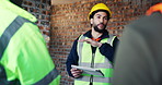 Construction, meeting and tablet with people on building site for planning, strategy or update. App, conversation and project management with engineer speaking to team for property development