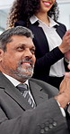 Manager, businessman and applause in office with meeting, success or profit for stock trading firm. Happy, person and team clap in workplace with celebration, investment opportunity or revenue growth